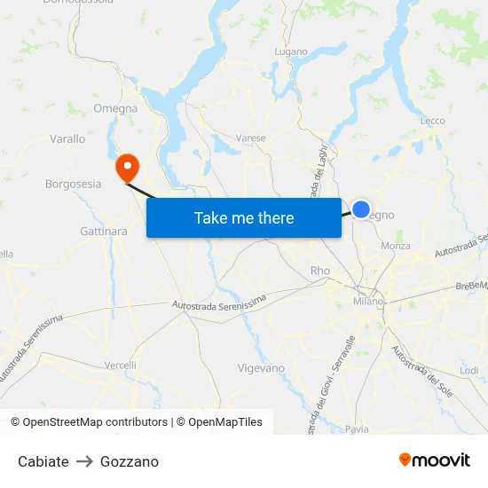 Cabiate to Gozzano map