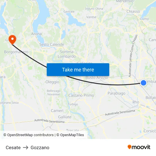 Cesate to Gozzano map