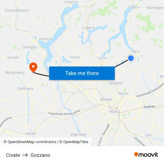 Civate to Gozzano map