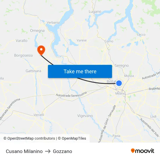 Cusano Milanino to Gozzano map