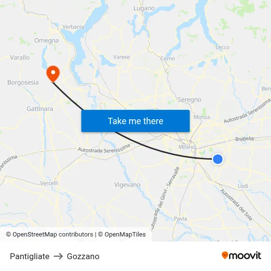 Pantigliate to Gozzano map