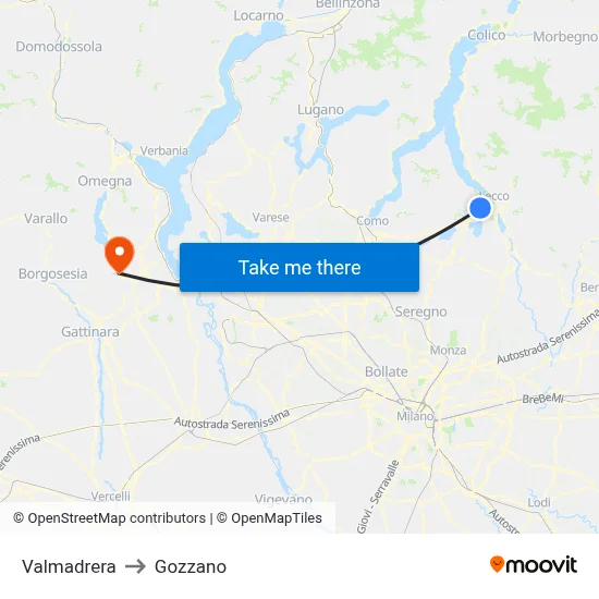 Valmadrera to Gozzano map