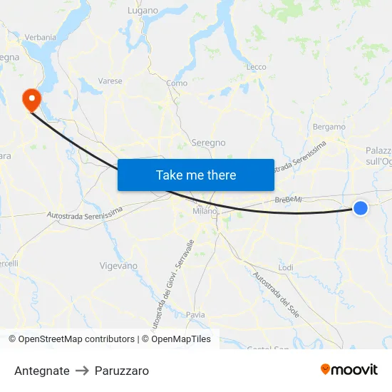 Antegnate to Paruzzaro map