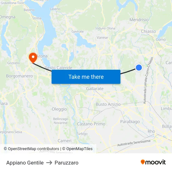 Appiano Gentile to Paruzzaro map