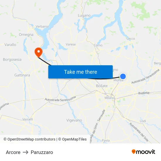 Arcore to Paruzzaro map