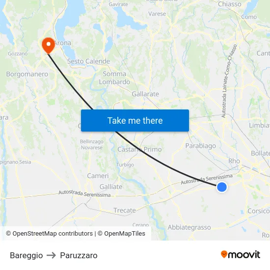 Bareggio to Paruzzaro map