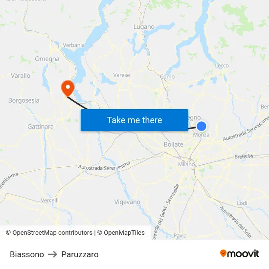 Biassono to Paruzzaro map