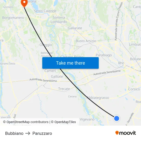 Bubbiano to Paruzzaro map