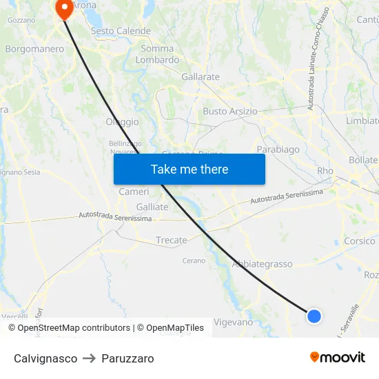 Calvignasco to Paruzzaro map