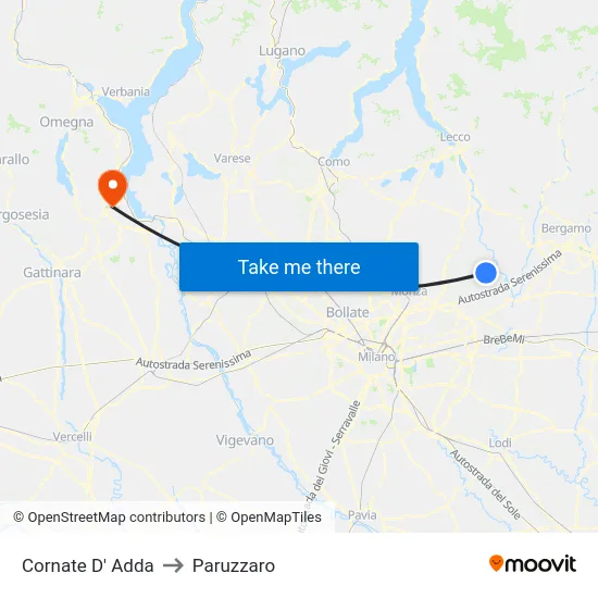 Cornate D' Adda to Paruzzaro map