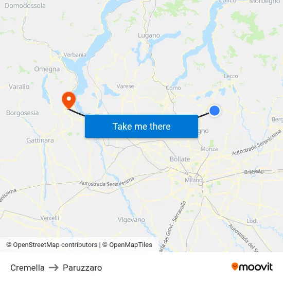 Cremella to Paruzzaro map