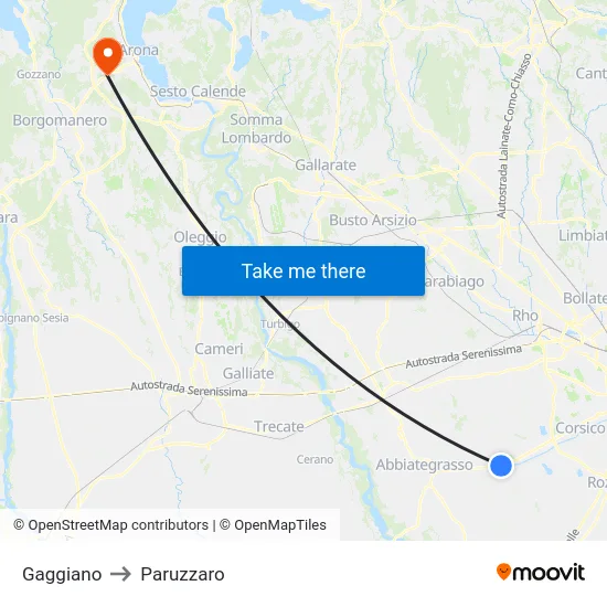 Gaggiano to Paruzzaro map