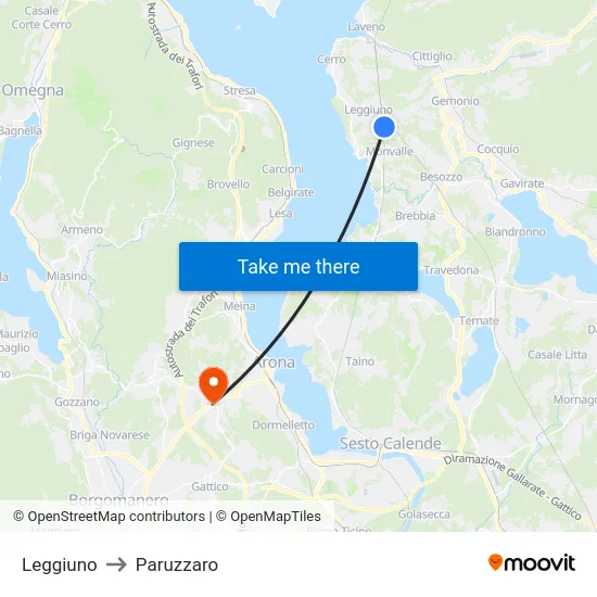Leggiuno to Paruzzaro map