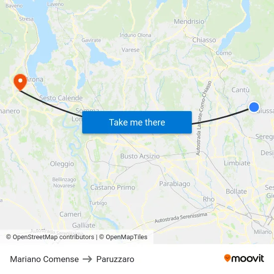 Mariano Comense to Paruzzaro map
