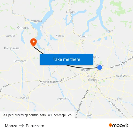 Monza to Paruzzaro map