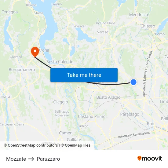 Mozzate to Paruzzaro map