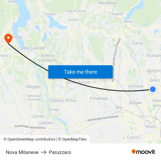Nova Milanese to Paruzzaro map