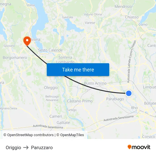 Origgio to Paruzzaro map