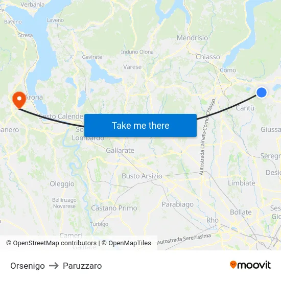 Orsenigo to Paruzzaro map