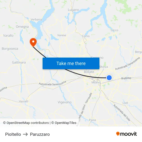 Pioltello to Paruzzaro map