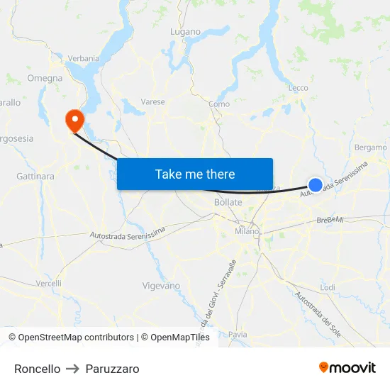 Roncello to Paruzzaro map