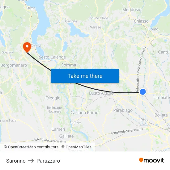 Saronno to Paruzzaro map