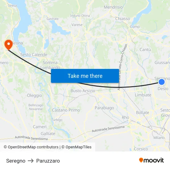 Seregno to Paruzzaro map