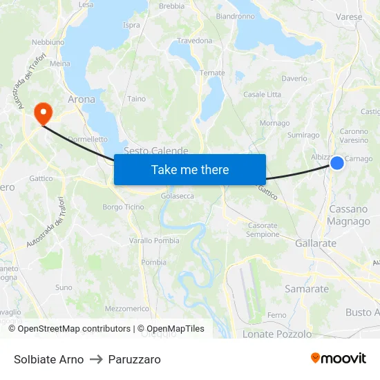 Solbiate Arno to Paruzzaro map