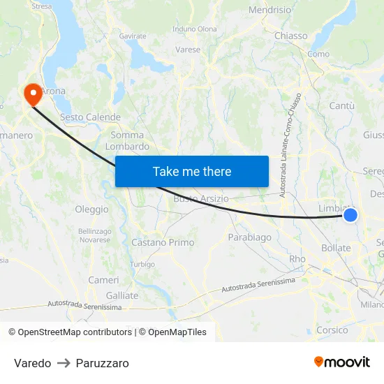 Varedo to Paruzzaro map