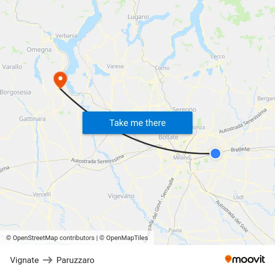 Vignate to Paruzzaro map