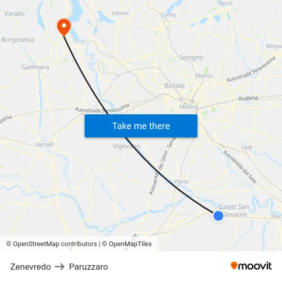 Zenevredo to Paruzzaro map