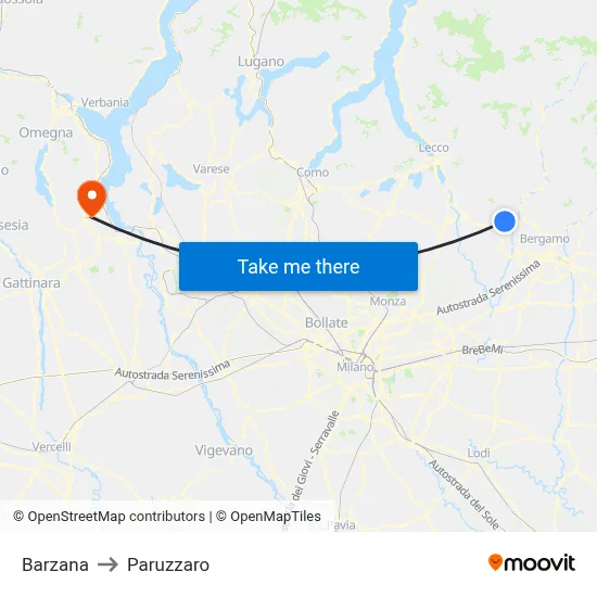 Barzana to Paruzzaro map