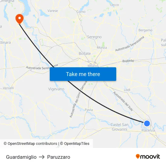 Guardamiglio to Paruzzaro map