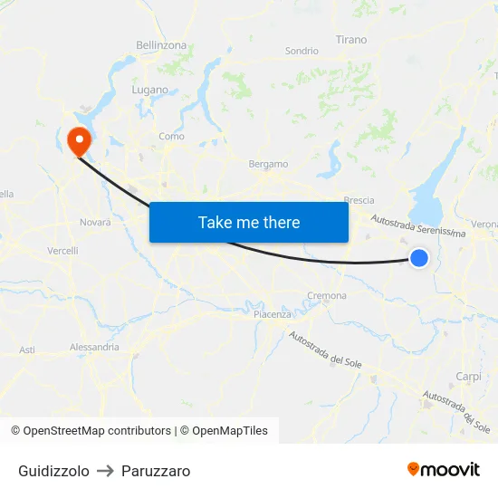 Guidizzolo to Paruzzaro map