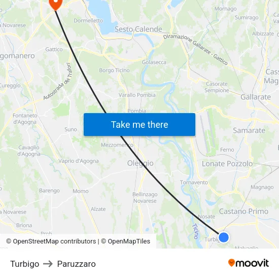 Turbigo to Paruzzaro map