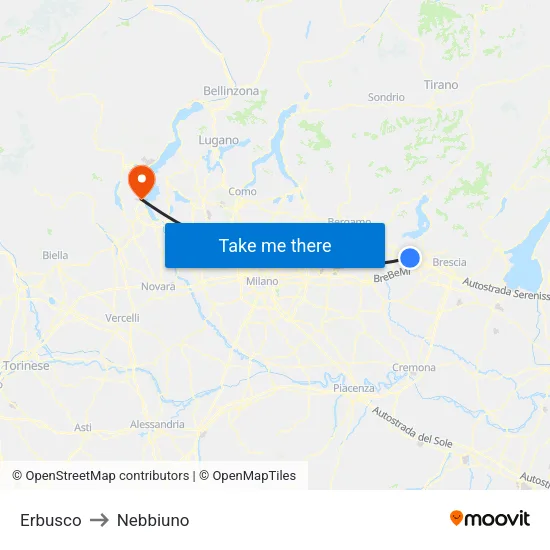 Erbusco to Nebbiuno map