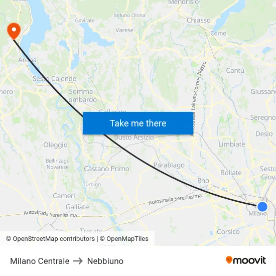 Milan Central to Nebbiuno map