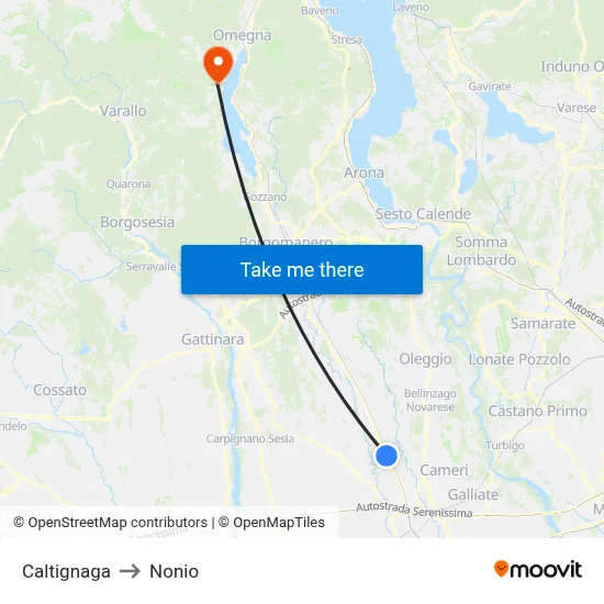 Caltignaga to Nonio map