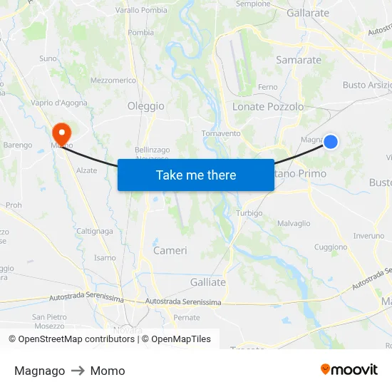 Magnago to Momo map