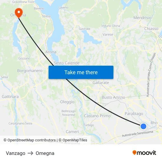 Vanzago to Omegna map