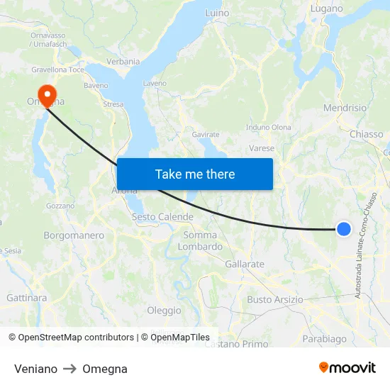 Veniano to Omegna map