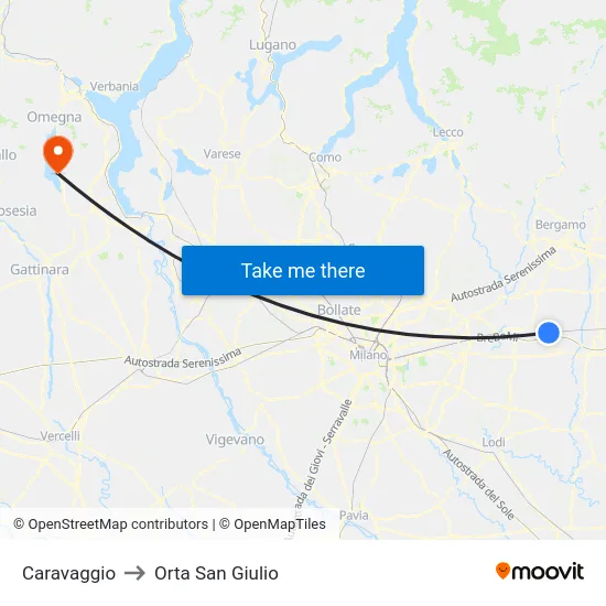 Caravaggio to Orta San Giulio map