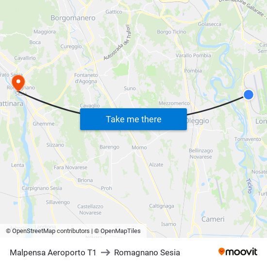 Malpensa Aeroporto T1 to Romagnano Sesia map