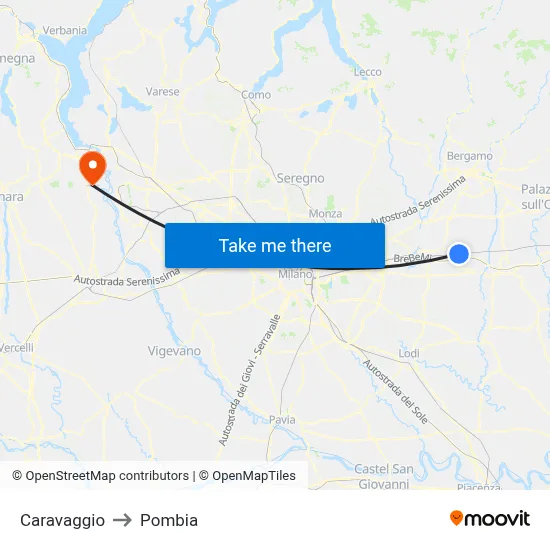 Caravaggio to Pombia map