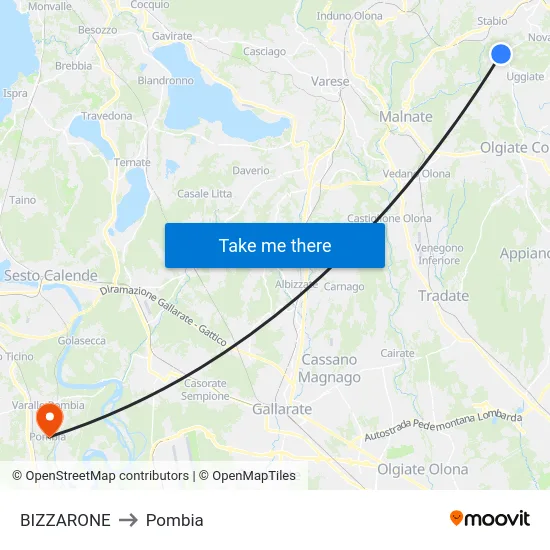 Bizzarone to Pombia map