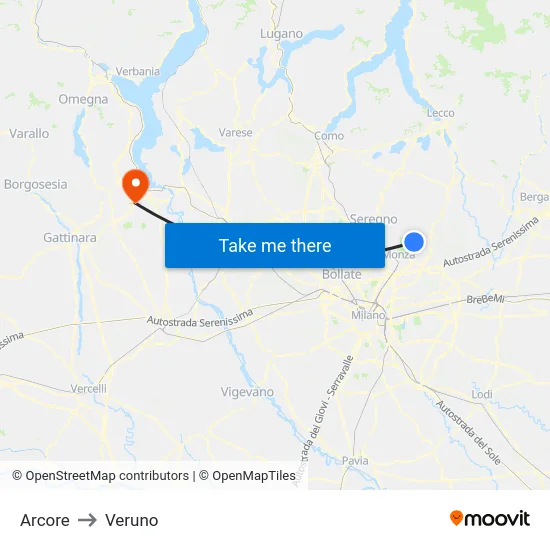 Arcore to Veruno map