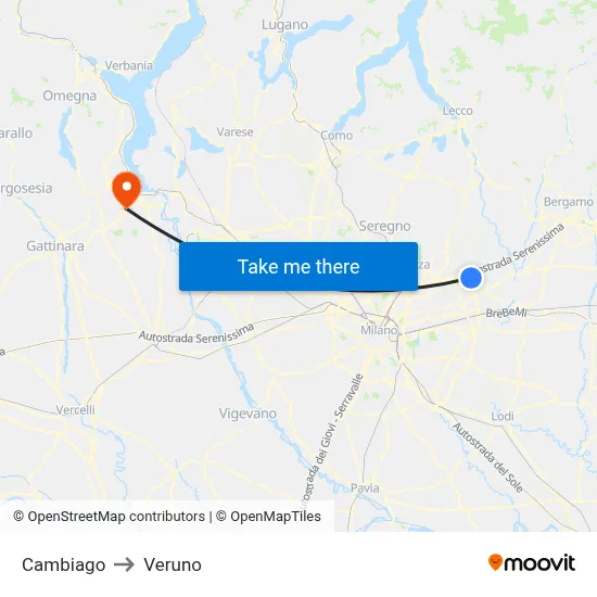 Cambiago to Veruno map