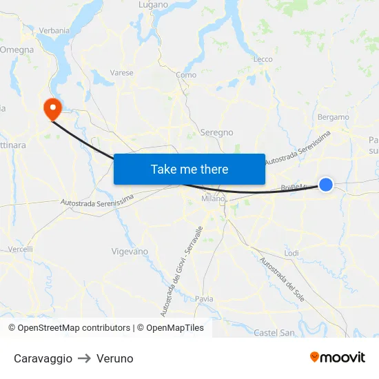 Caravaggio to Veruno map