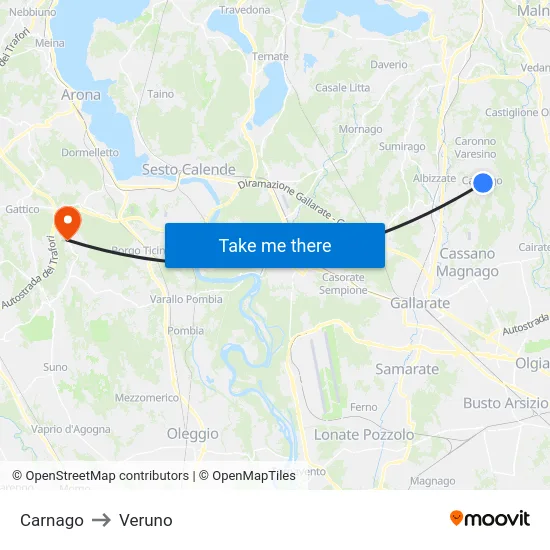Carnago to Veruno map