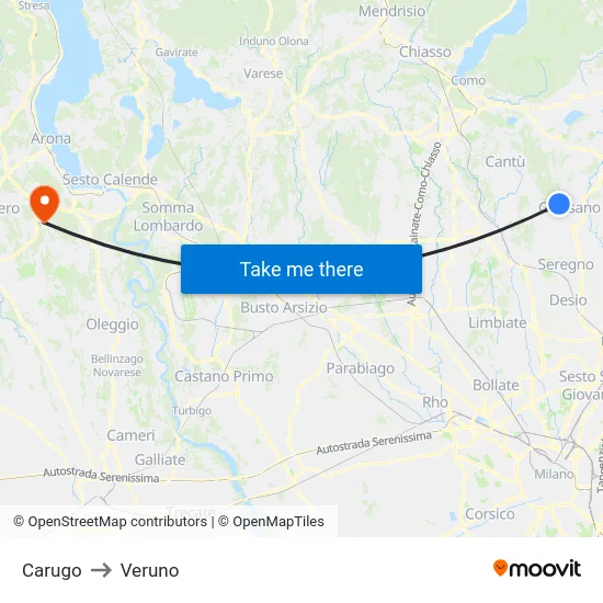 Carugo to Veruno map